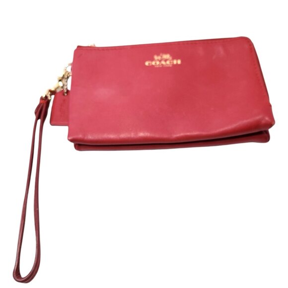 Coach F64581 Classic Red Leather Double Corner Zip Wallet Wristlet Gold - Picture 2 of 11